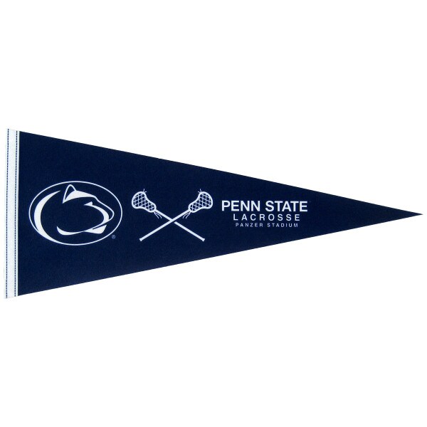 navy pennant with Athletic Logo, sticks, Penn State Lacrosse, Panzer Stadium